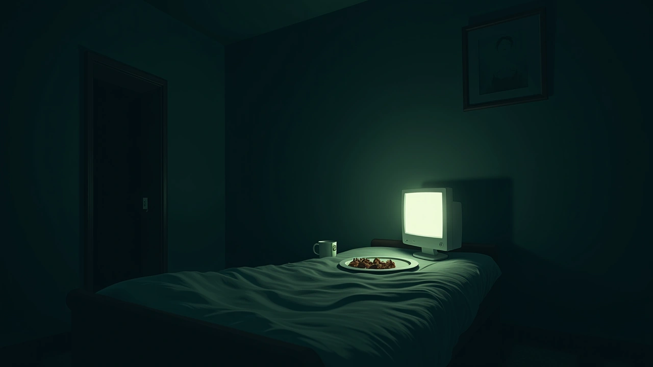 Illustration: a dim bedroom at night, a computer monitor glowing beside a half-empty plate of food.