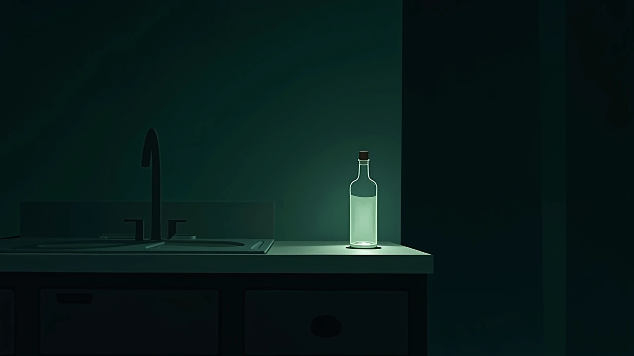 Illustration: A quiet kitchen counter at night, a lone glass bottle catching a sliver of light.