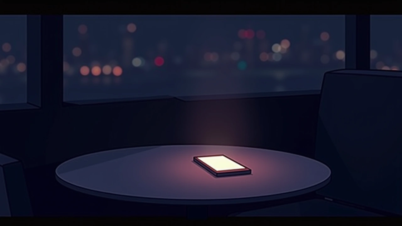 Illustration: A phone glowing softly on a restaurant table at night.