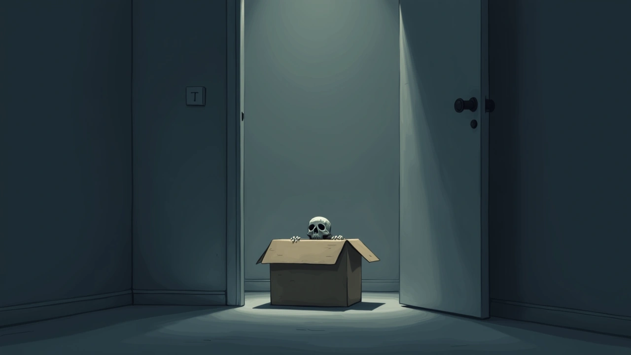 Illustration: A cardboard storage box being opened in a dim room, contents half-visible.