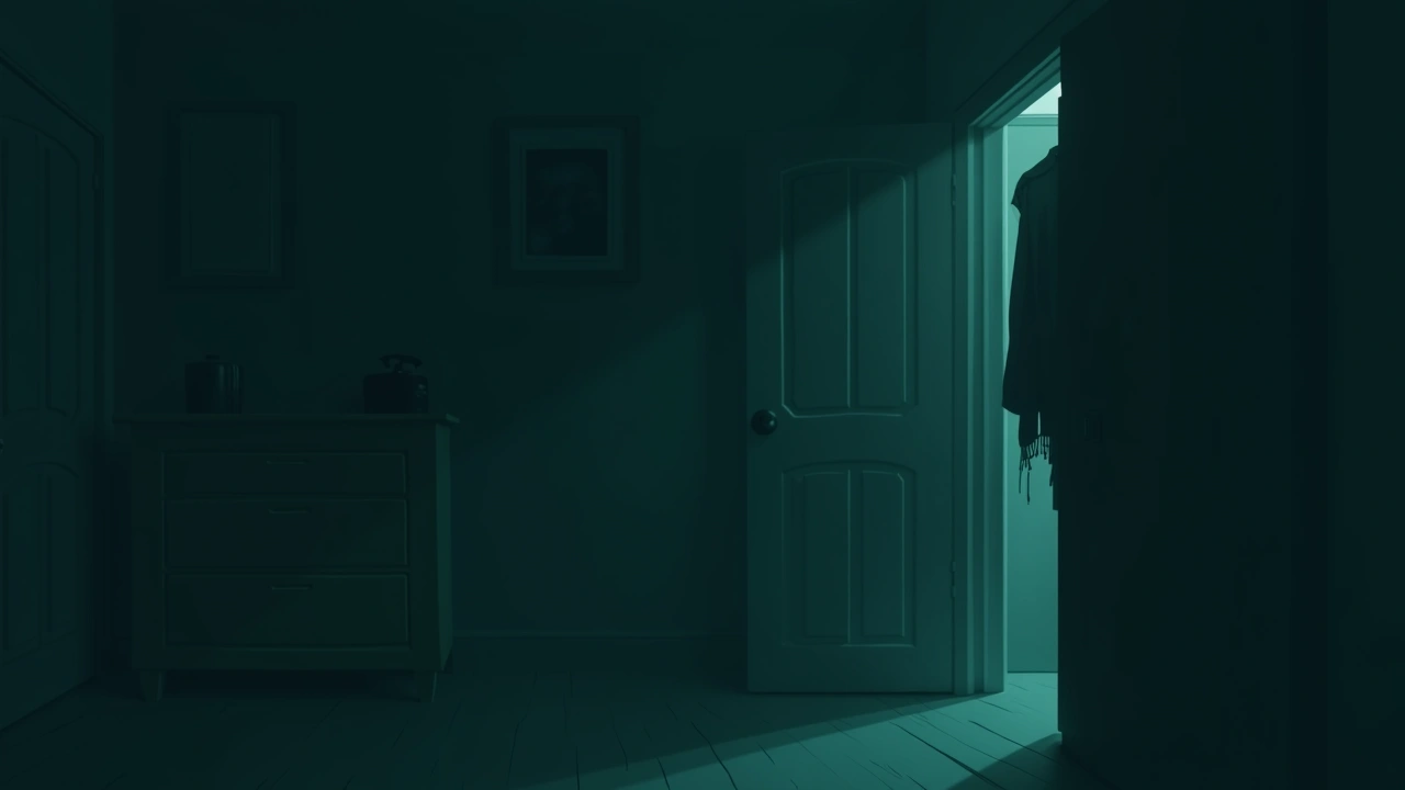 Illustration: a half-open bedroom closet in dim light, clothes hanging inside.