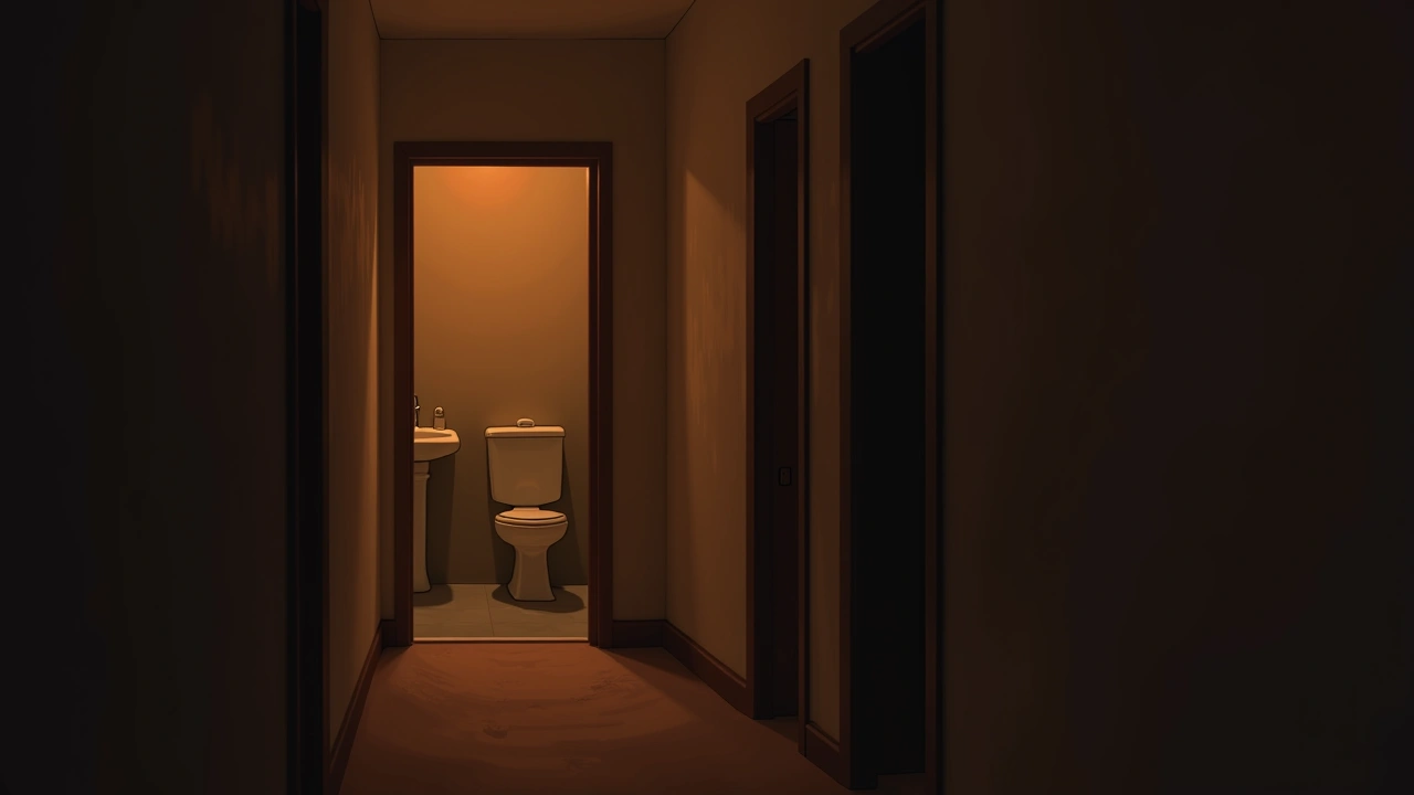 Illustration: a hallway leading past a bathroom door in a home at night.