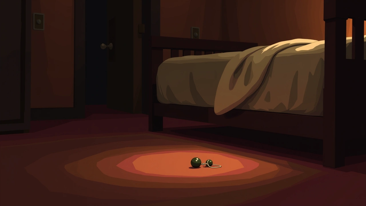 Illustration: a single lost earring on a carpet beside a bed.