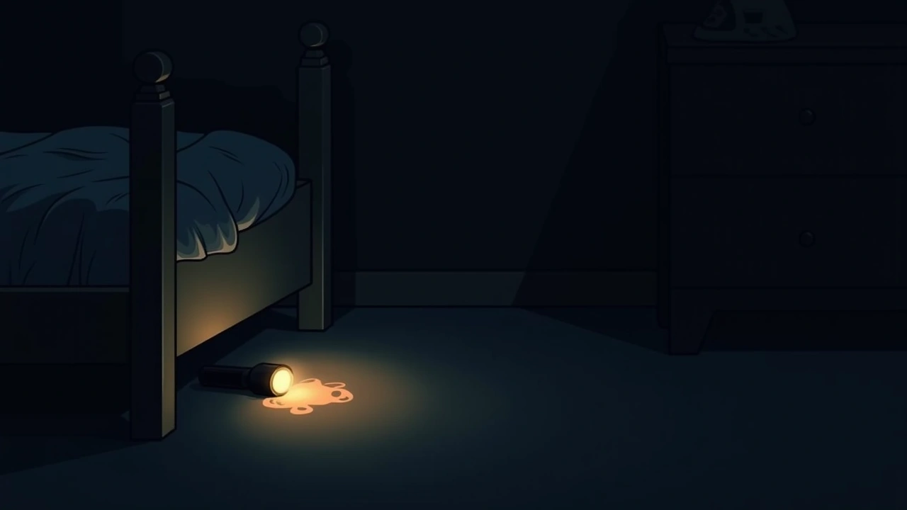 Illustration: a dropped flashlight lying under a bed in a dim bedroom.