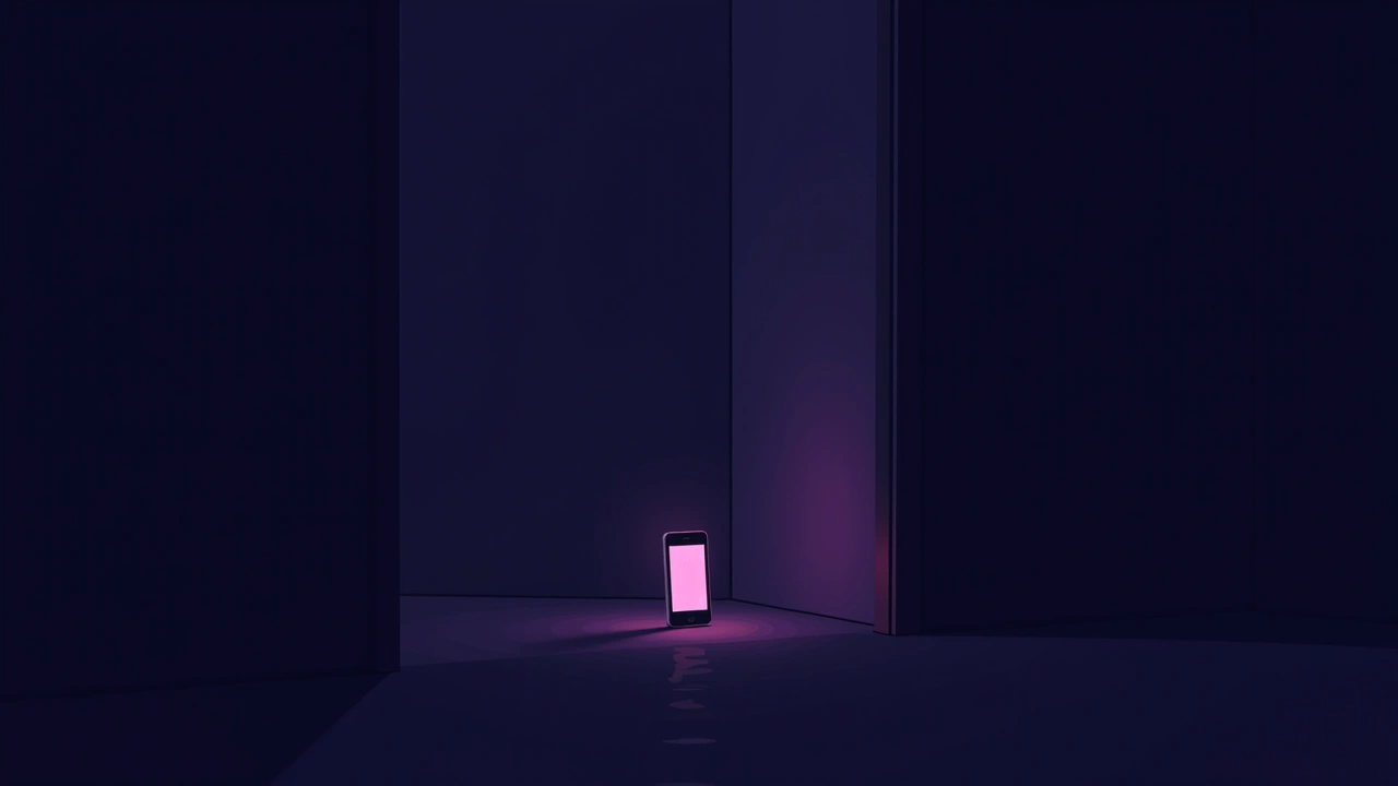 Illustration: a dim, empty room at night with a phone screen glowing alone.