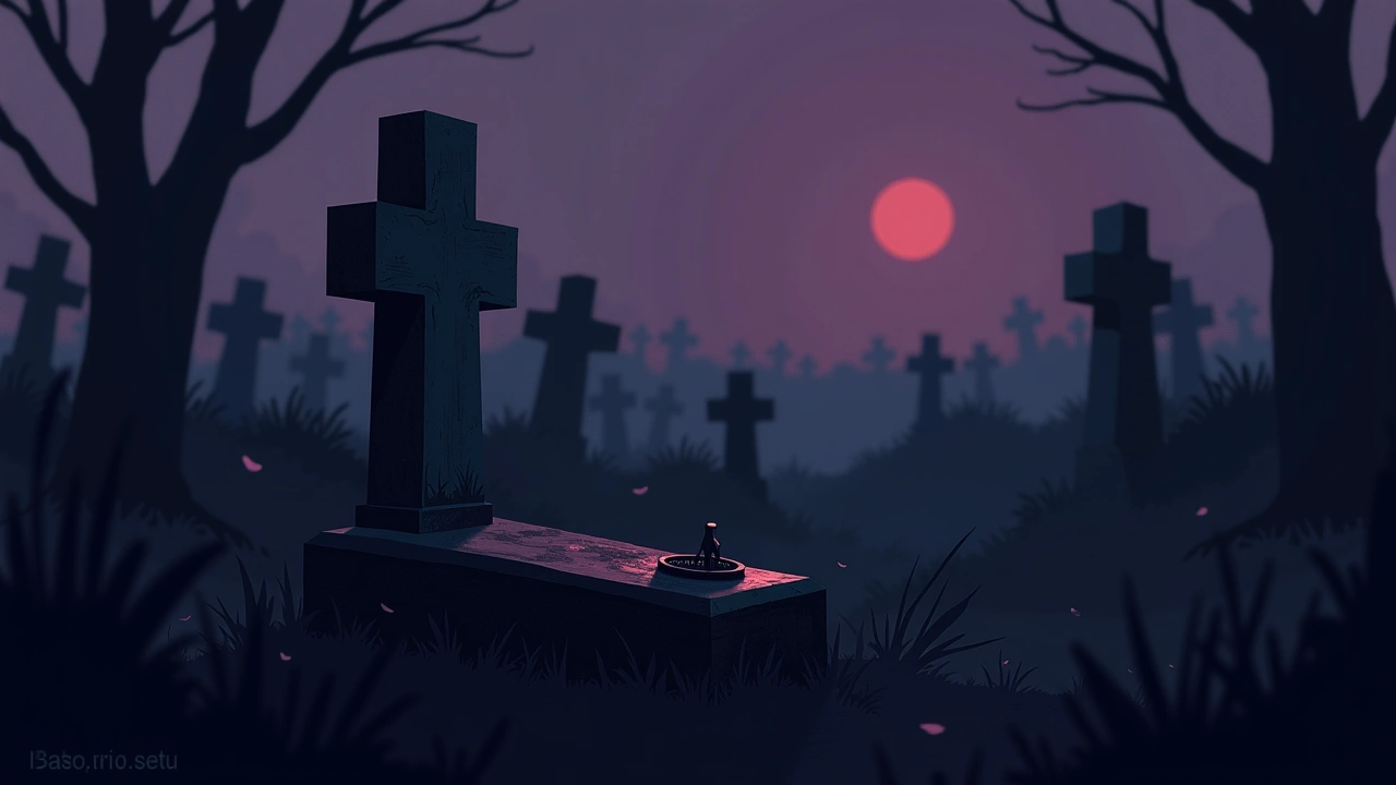 Illustration: an old cemetery at dusk, a compass resting on a weathered gravestone.
