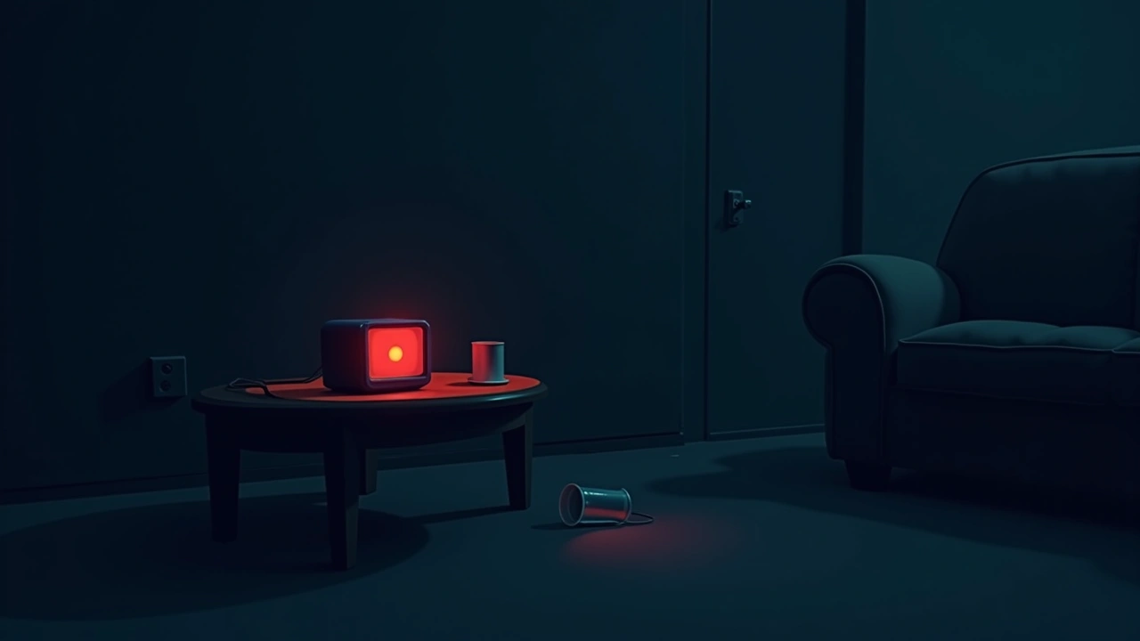 Illustration: a red-lit ghost-detector device on a coffee table in a living room, an overturned cup on the floor nearby.