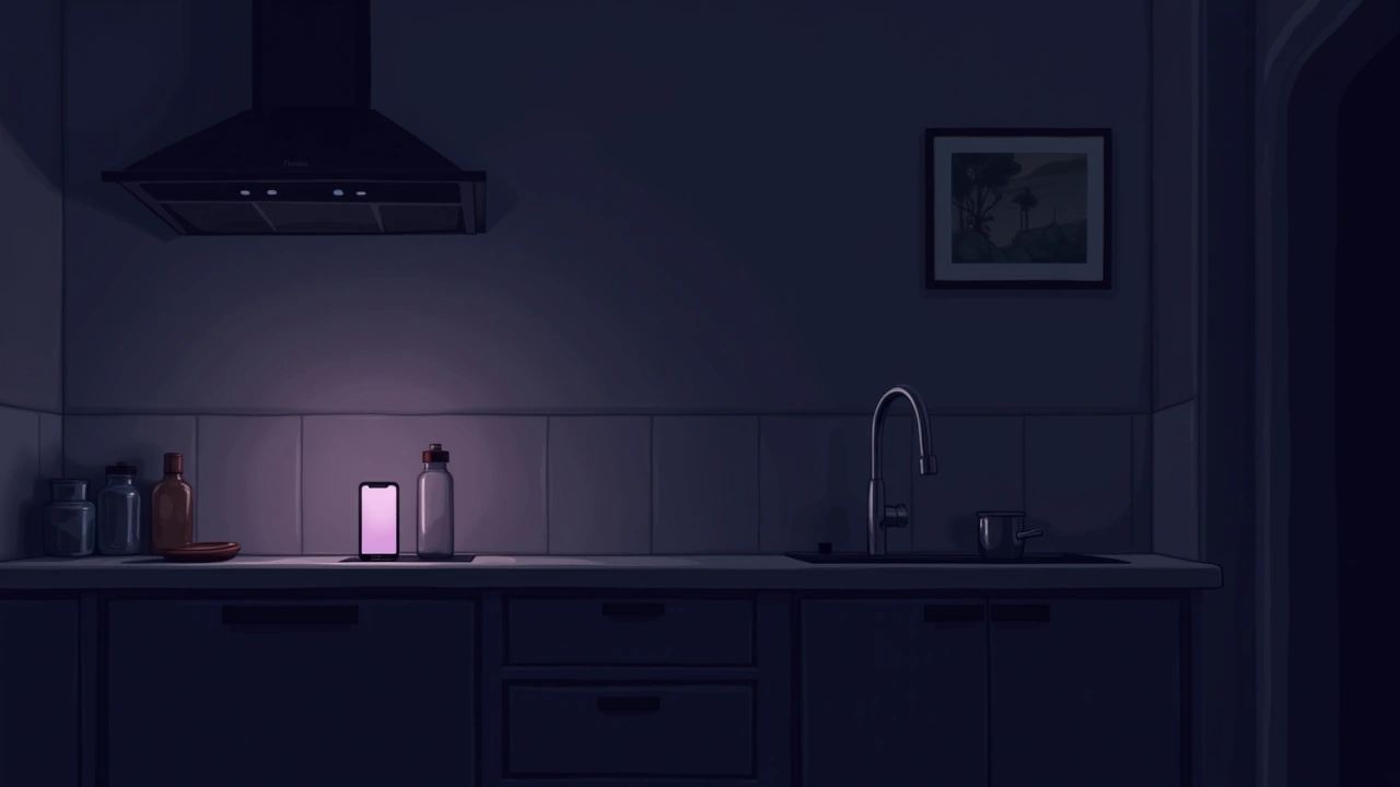 Illustration: a quiet kitchen at dusk with a phone screen glowing on the counter.