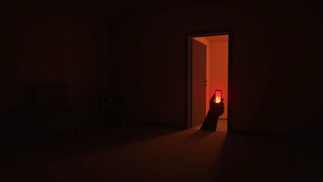 Illustration: a dark room lit only by a phone screen glowing red.