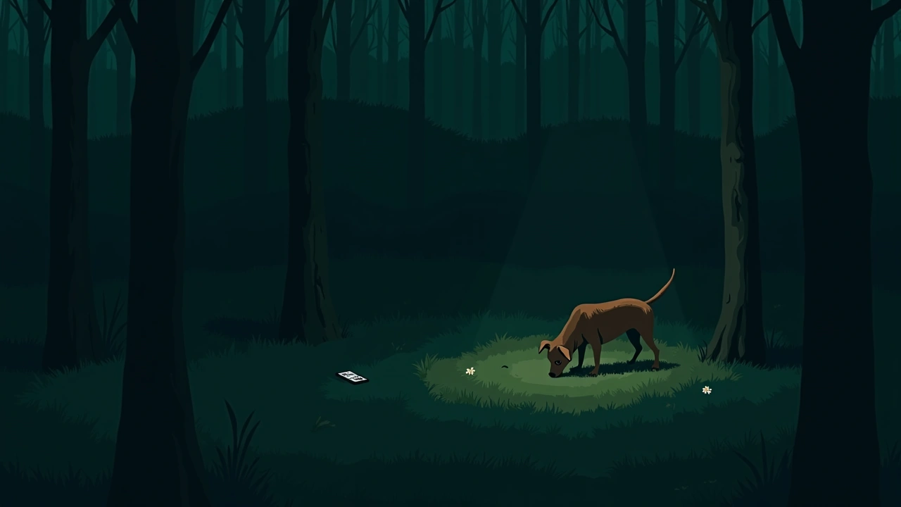 Illustration: a dog standing in a yard at dusk, a phone screen glowing nearby.