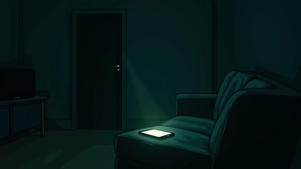 Illustration: a smartphone glowing on a couch in a dim living room at night.
