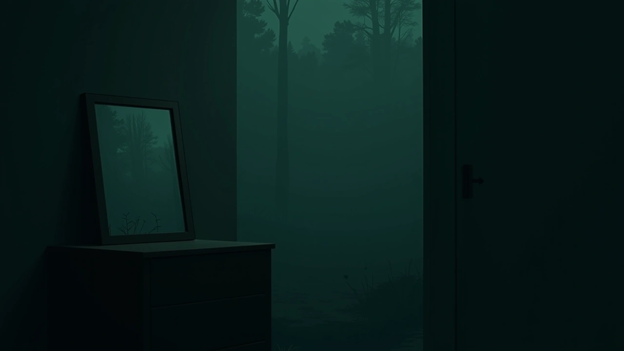 Illustration: a framed photograph on a side table in a dim room.