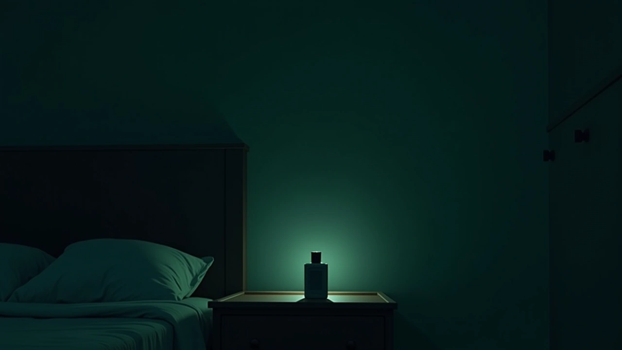 Illustration: a bottle of aftershave standing on a nightstand in a dim bedroom.