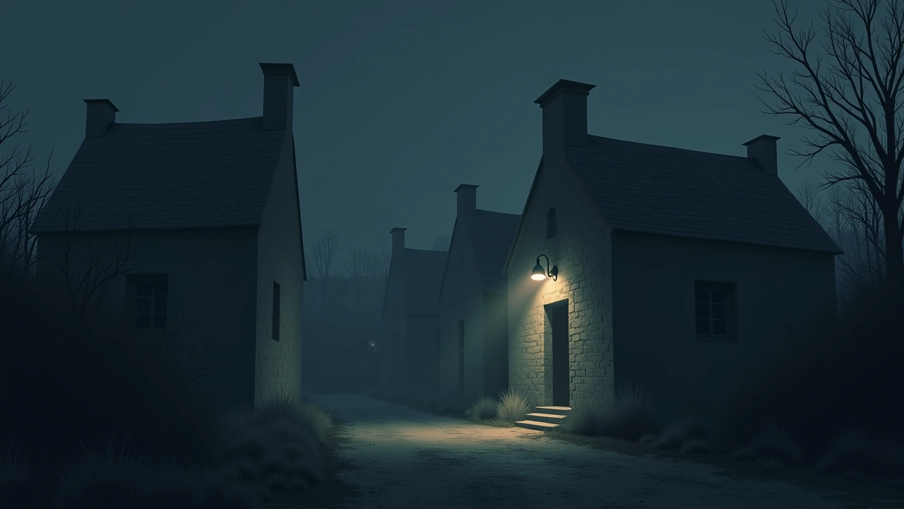 Illustration: an abandoned stone village at night, a handheld EMF meter glowing with spiking lights.