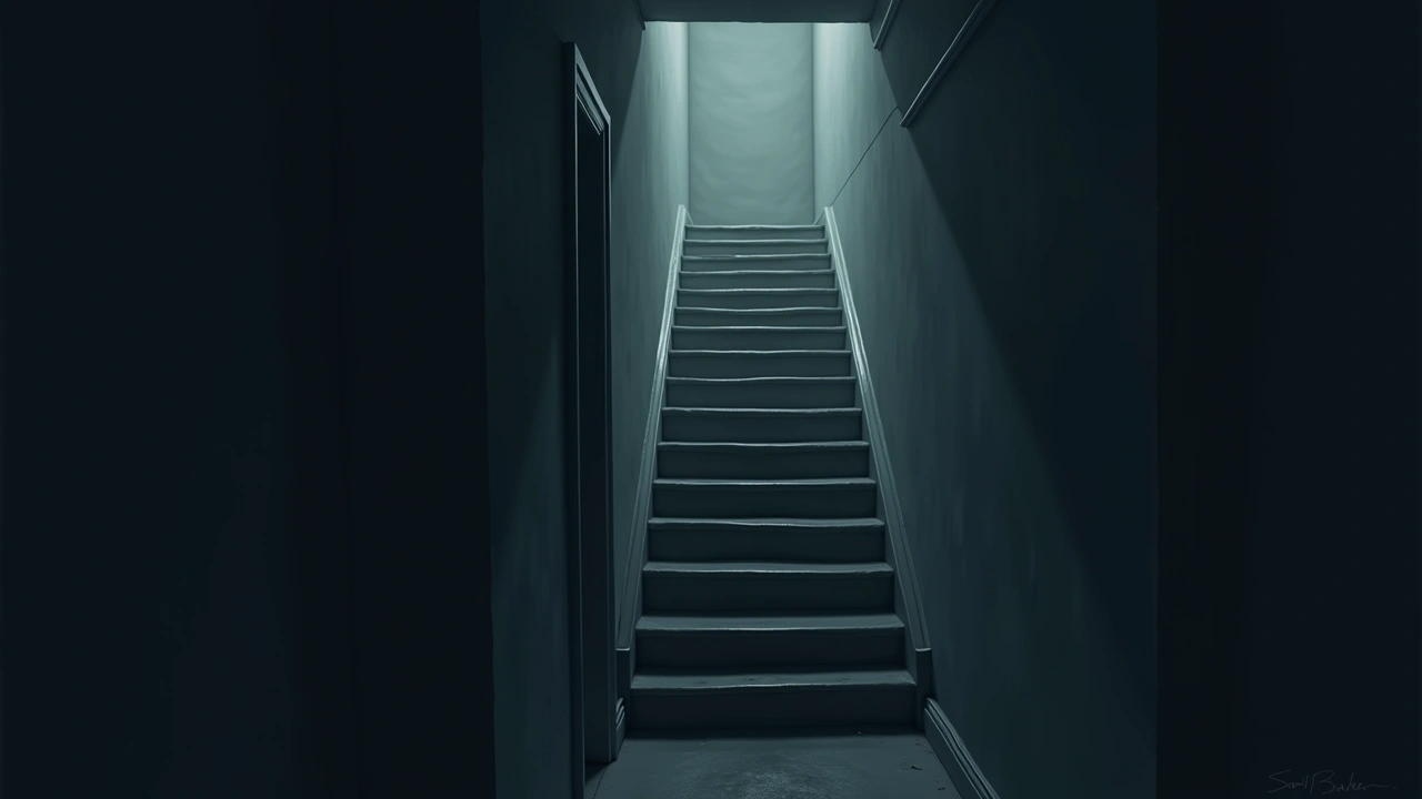 Illustration: a narrow staircase inside an old townhome, dimly lit at night.