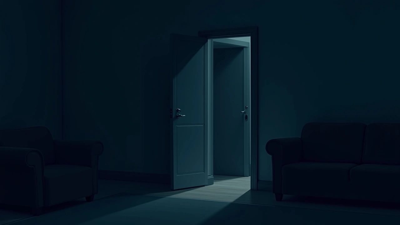 Illustration: A front door swinging open on its own in a warmly lit living room.