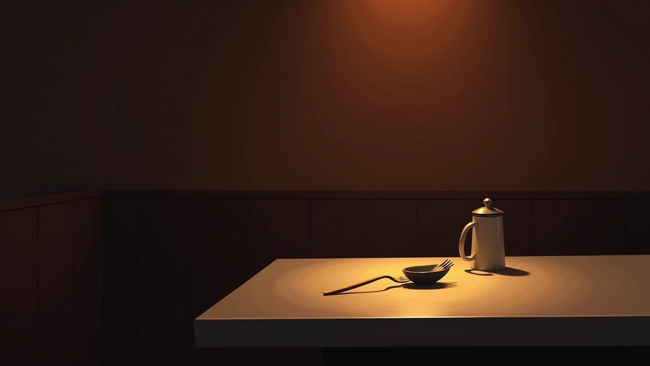 Illustration: a diner counter at night with a single fork resting on it.
