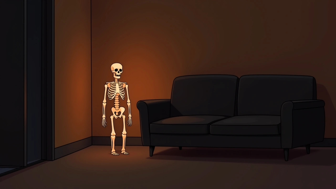 Illustration: A decorative plastic skeleton in a dim living room corner.
