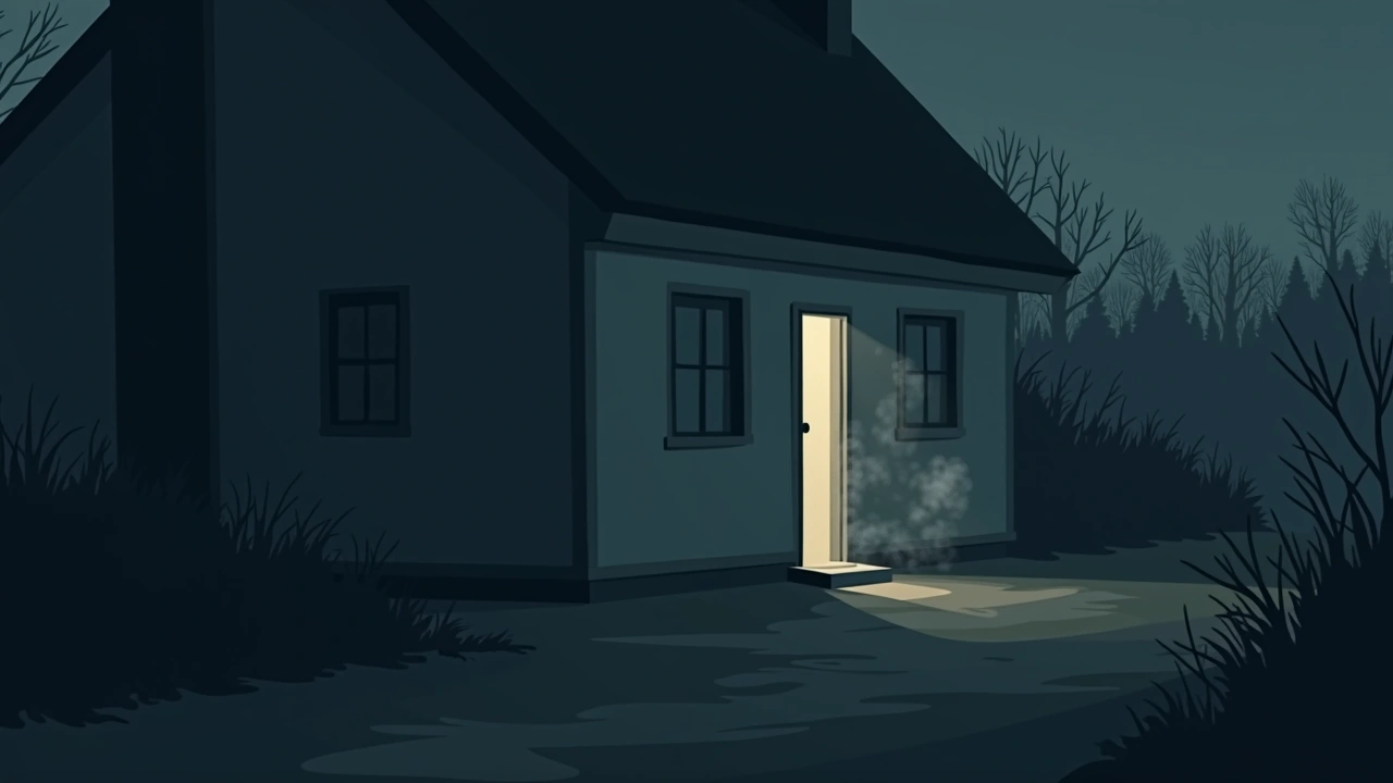 Illustration: smoke drifting outside a house near a basement doorway at night.