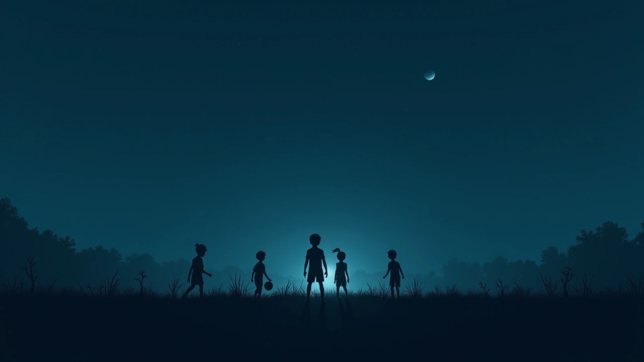 Illustration: kids playing soccer in an open field as dusk falls.