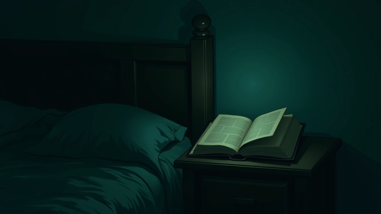 Illustration: A worn Bible resting open on a nightstand in a dim bedroom.