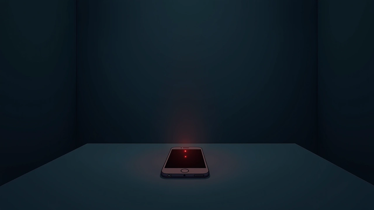 Illustration: a smartphone with its signal meter glowing red, resting on a table in a dim room.