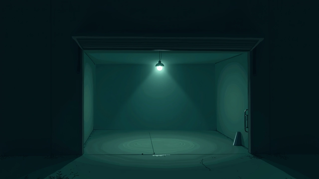 Illustration: a dim garage interior at night with a single hanging light.