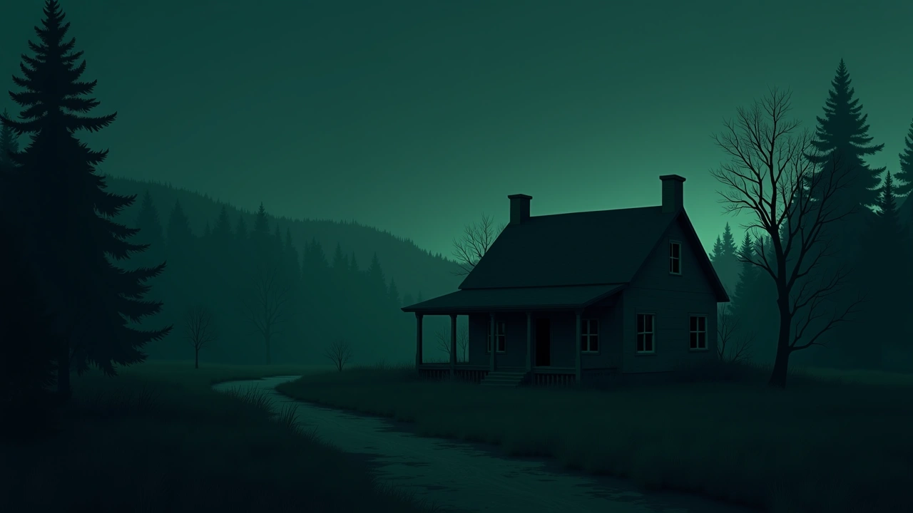 Illustration: an old, abandoned house in a rural village at dusk.