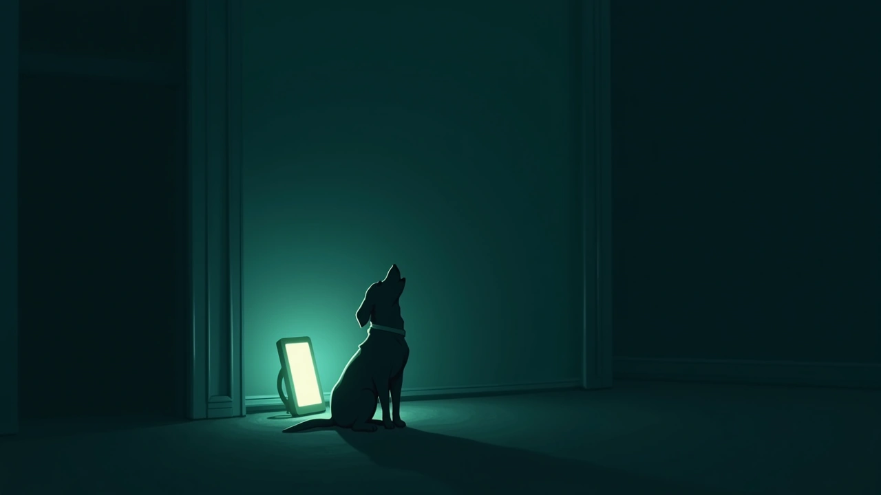 Illustration: a dog raising its head to howl beside a glowing phone in a dim room.