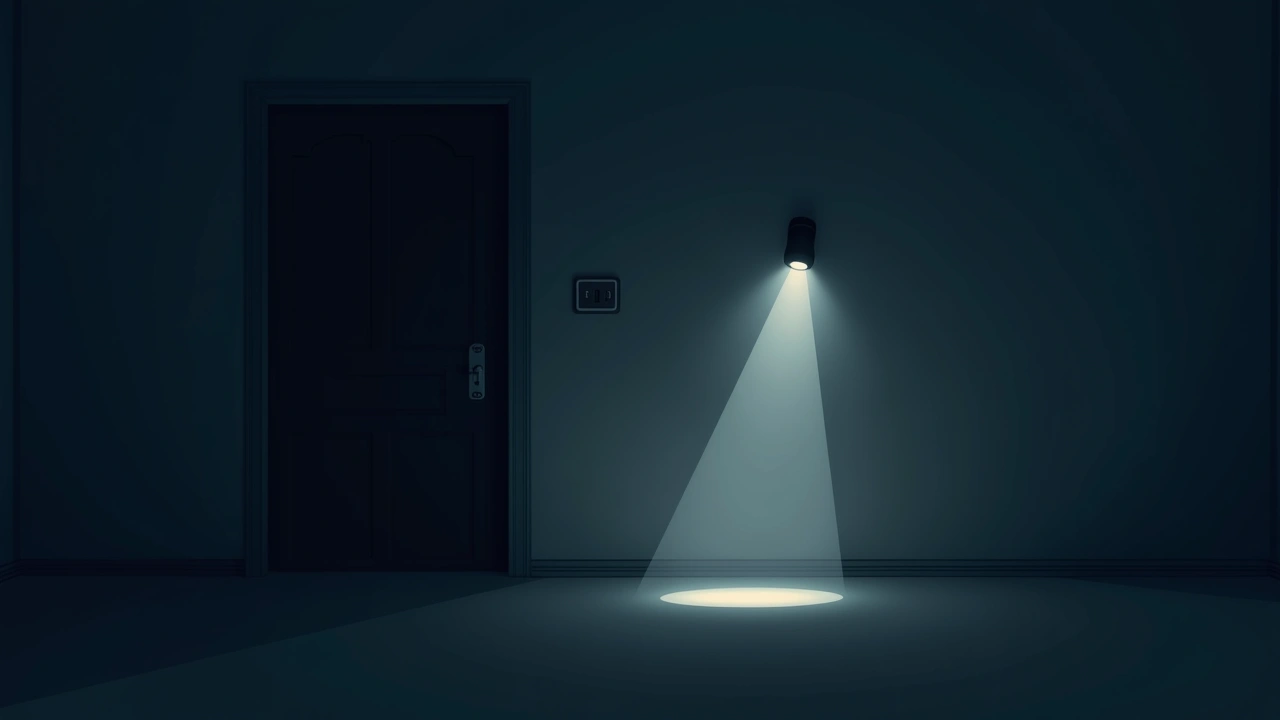 Illustration: a pitch-dark room lit only by a phone flashlight, a light switch on the wall.