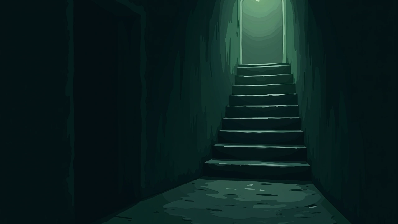 Illustration: a dim basement staircase at night.