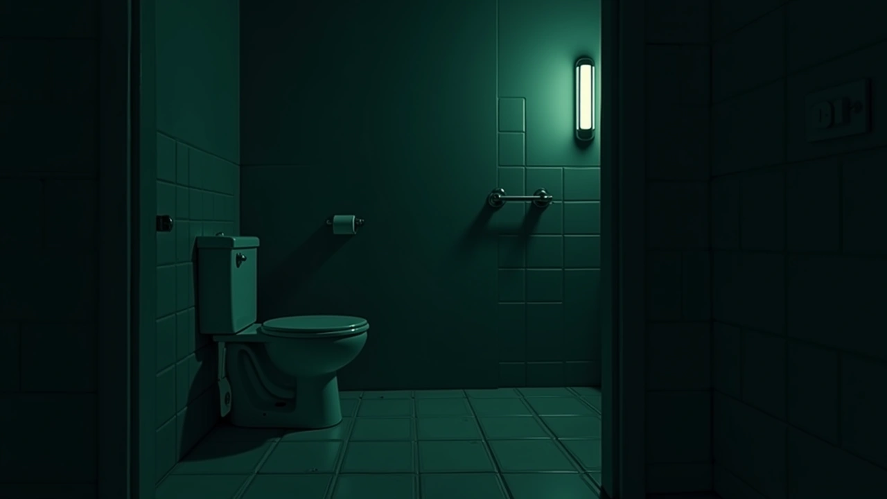 Illustration: an empty tiled bathroom lit by a phone's dim glow at night.