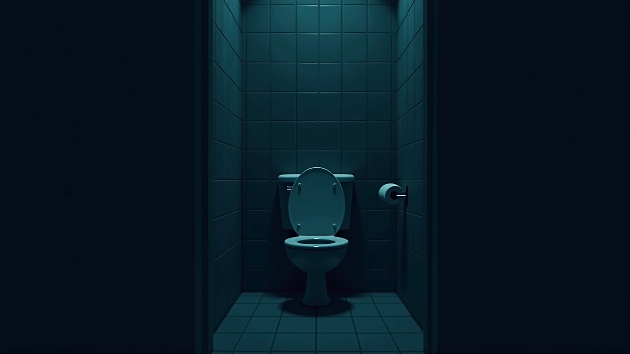 Illustration: a small tiled bathroom lit only by light from the hallway.