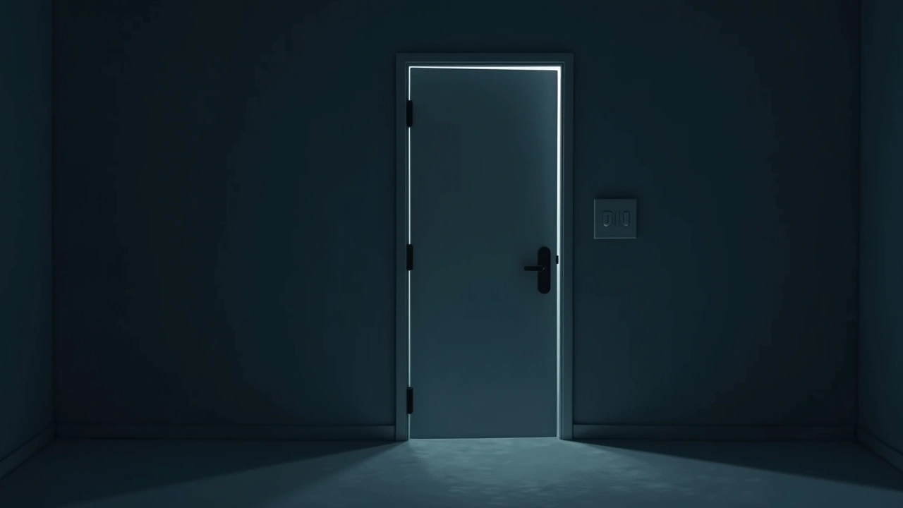 Illustration: a bathroom door slamming shut on its own in dim light, no window in sight.