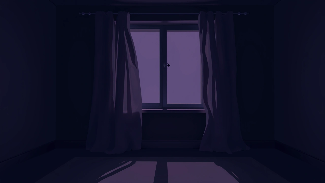 Illustration: a dim room at night with a window, curtains slightly parted.