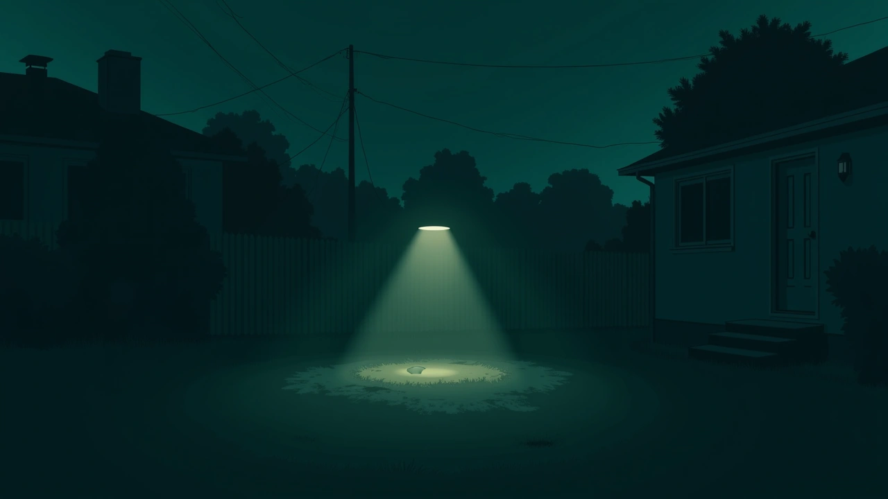 Illustration: a dark suburban backyard at night with a single glowing phone screen.