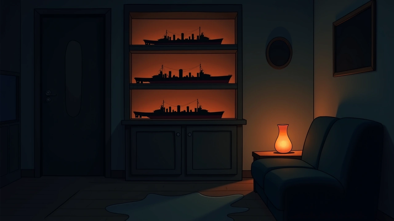 Illustration: a shelf of model battleships displayed in a cozy living room.