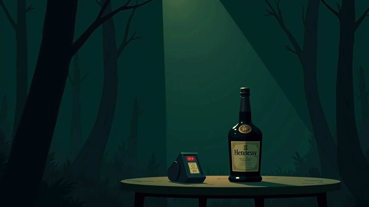 Illustration: a bottle of Hennessy on a table beside a beeping EMF detector.