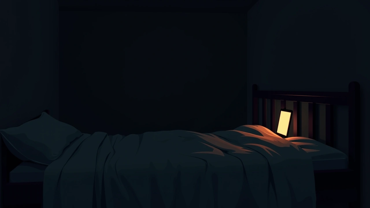 Illustration: a dim bedroom at night lit only by a glowing phone screen.