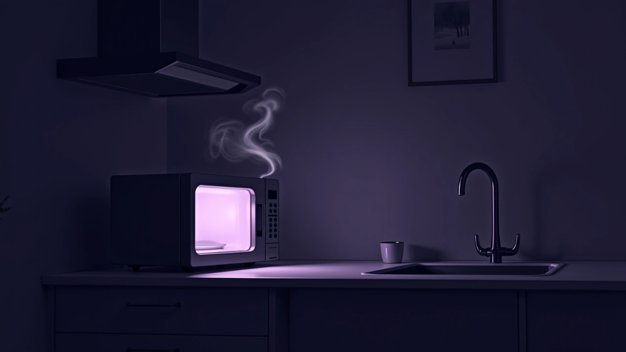 Illustration: A microwave in a dim kitchen with smoke curling from it.