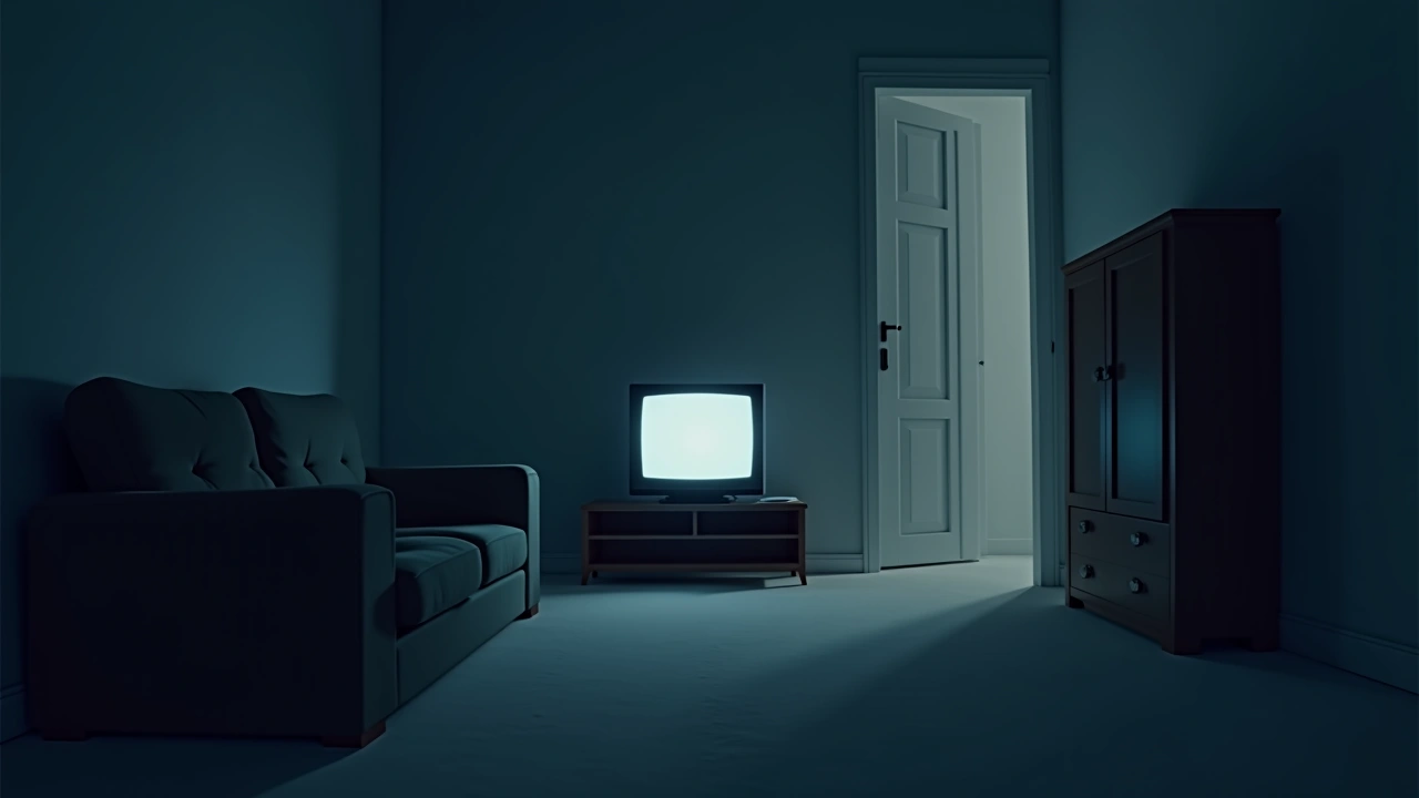 Illustration: a living room lit only by a television at night.