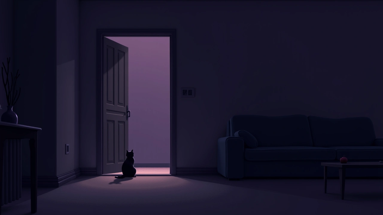 Illustration: a quiet living room at night, a cat sitting in the open doorway.