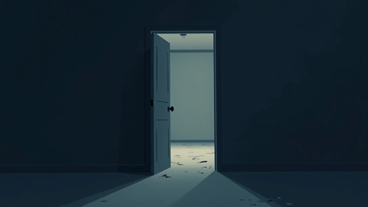 Illustration: An empty bedroom doorway with soft evening light, the ceiling visible above.
