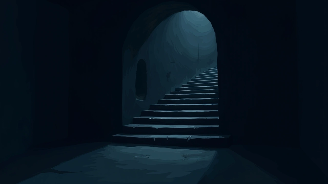 Illustration: a dim stone cellar staircase leading down into darkness.