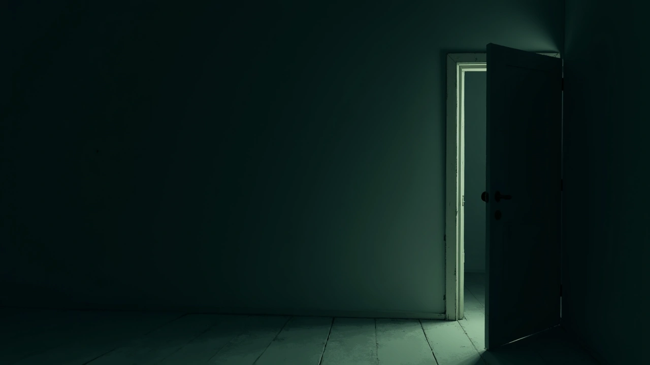 Illustration: a closet door in a dim bedroom, faint light seeping under it.