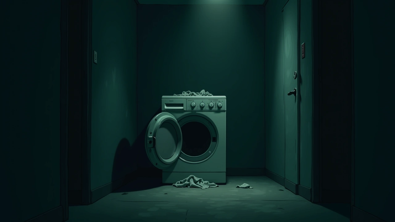 Illustration: A laundry room at night with a dryer door slightly ajar and clothes tumbling inside.