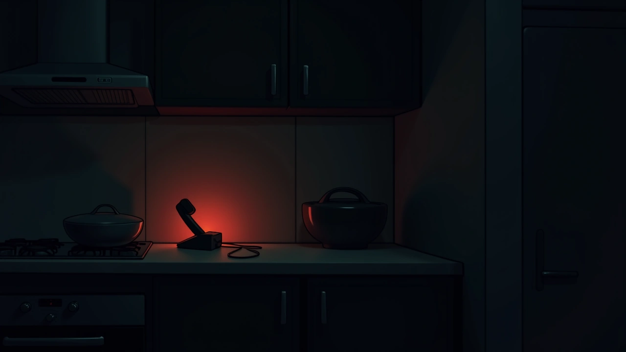 Illustration: a kitchen at night, a phone's signal indicator glowing red on the counter.