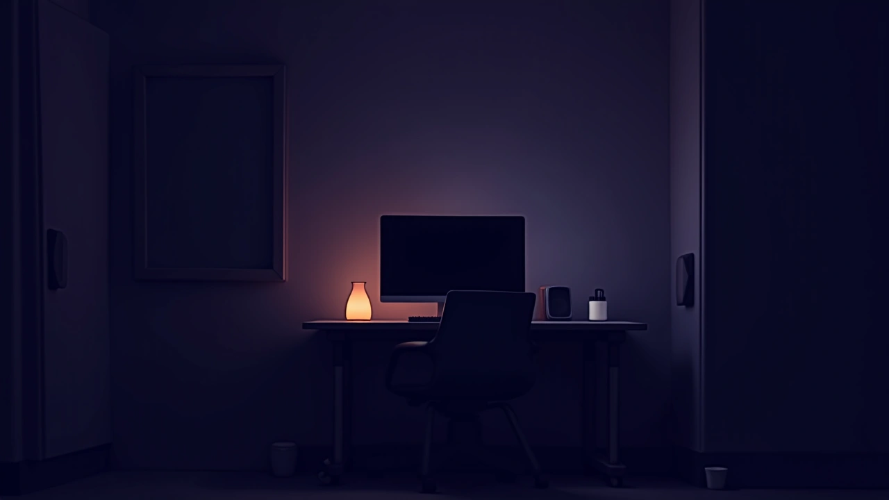 Illustration: a computer desk in a dim, quiet room at night.