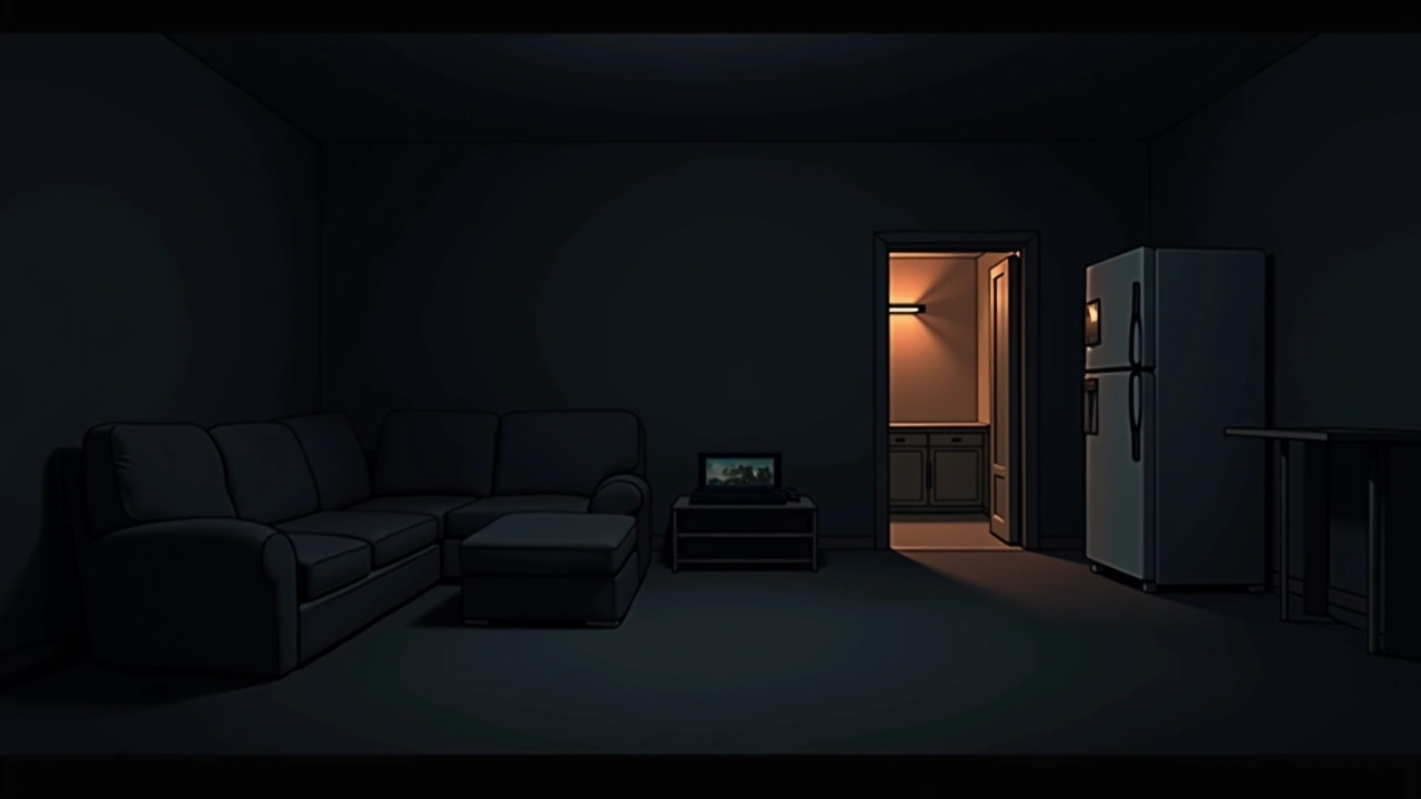 Illustration: a lounge room with a game console, and nearby a kitchen with an open refrigerator.