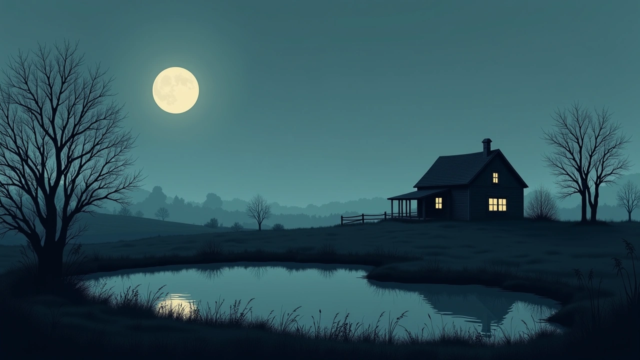 Illustration: a moonlit farmhouse at night with an old pond nearby.